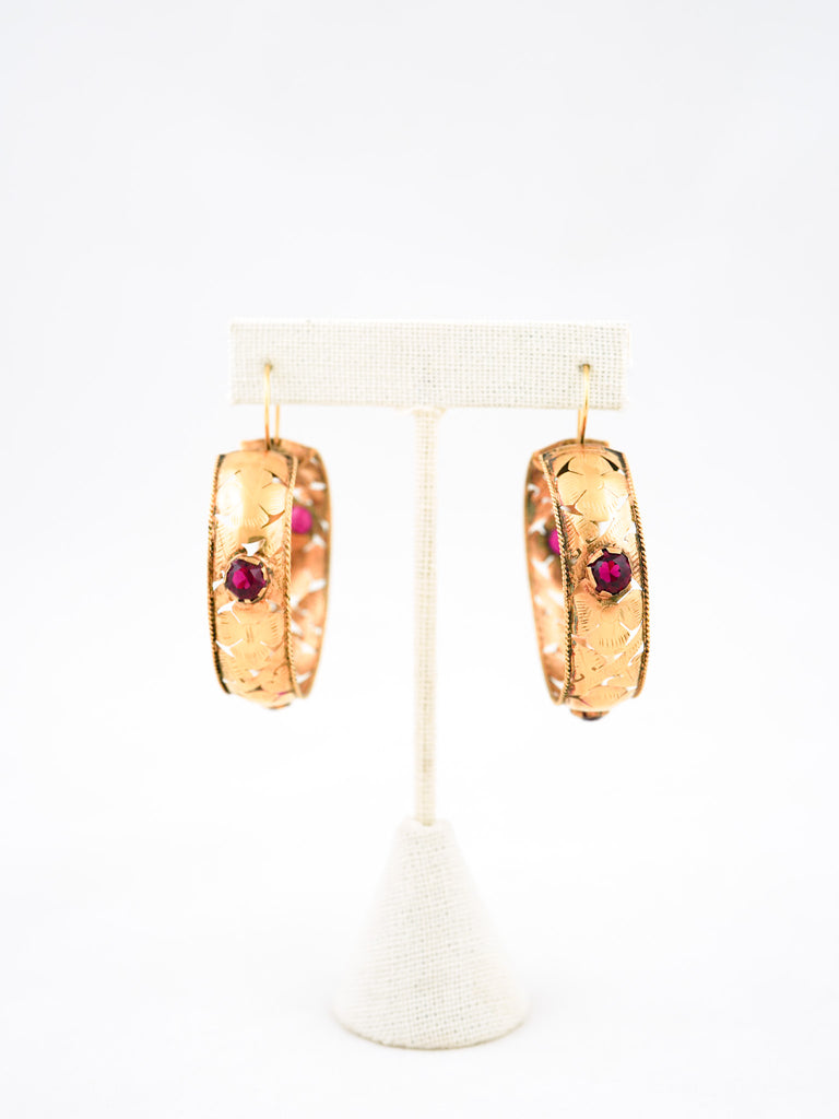 18K Gold Antique Etched Floral Hoop Earrings